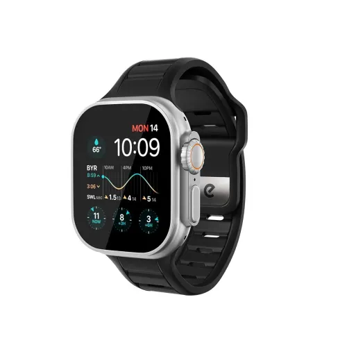 KeyBudz Journey Apple Watch Band - jet black, with ribbed profile and metal pin-and-tuck buckle, shown mounted on watch.