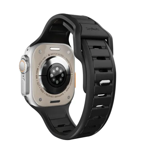 KeyBudz Journey wristband, carbon black, shown on Apple Watch from the back with slotted profile, pin-tuck clasp and embossed logo.