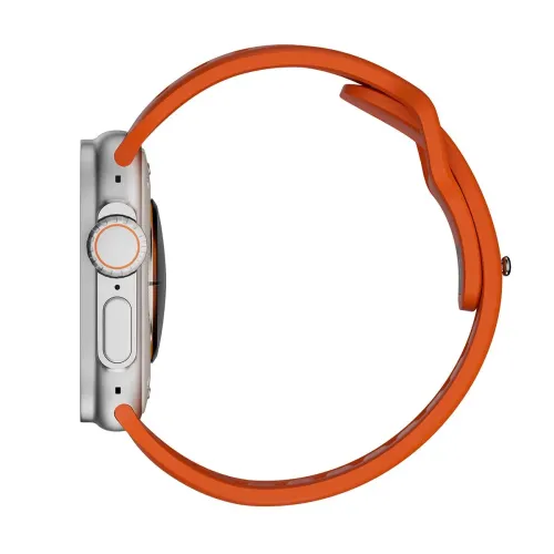 KeyBudz Journey Apple Watch-bånd i elektrisk oransje, sett fra siden montert på klokken med avrundet profil og brettet ende.