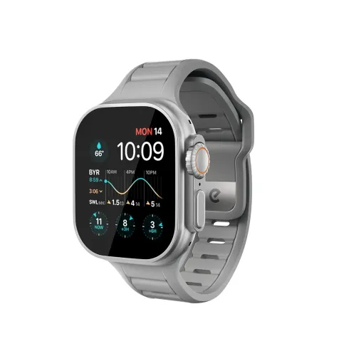 KeyBudz Journey Apple Watch -ranneke, kiviharmaa, kelloon kiinnitettävä, sileä kaareva profiili, reiät ja nastasuljenta.