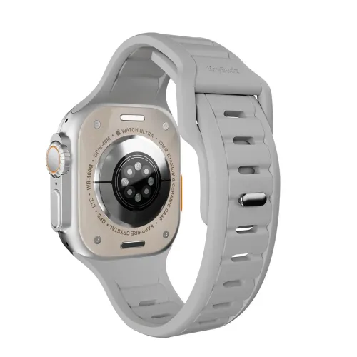 KeyBudz Journey Apple Watch -ranneke, kiviharmaa, uritettu muotoilu, jossa on pin-and-tuck-suljin ja metallinen tappi, takana.