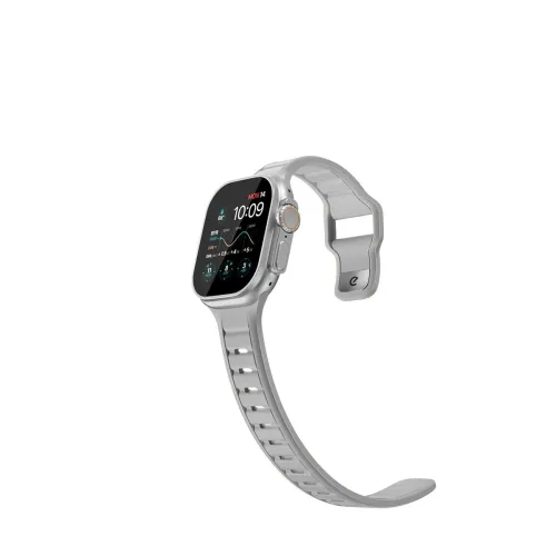 KeyBudz Journey -rannekoru Apple Watch -kelloon, kiviharmaa, rei'itetyllä hihnalla ja tappisoljella, kuvassa asennettuna kelloon profiilissa.