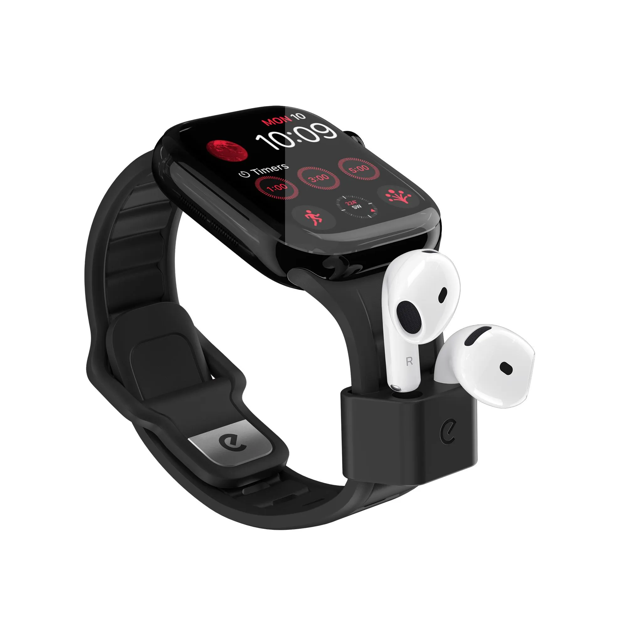 KeyBudz Sync+ Series FKM-klockarmband och AirPod-docka för 38–42 mm Apple Watch - Kolsvart