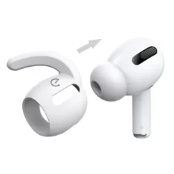 Hvite EarBuddyz-ørekroker på AirPods Pro for enkel montering, sikker passform og overlegen komfort.