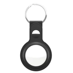 Svart KeyBudz håndlaget nøkkelring i skinn som holder en Apple AirTag for stilig beskyttelse og sikker festing.