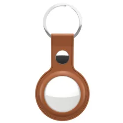 Genuine tan leather Keybudz keyring for AirTag on backpack, with secure clasp for easy attachment and tracking.